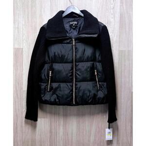 Kensie Black Mixed Media Short Puffer Knit Sleeves Jacket Women Size Medium